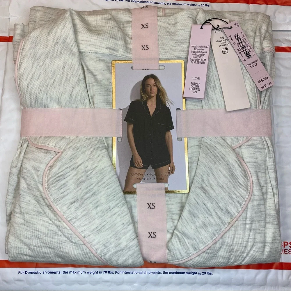 XL VS Modal Short Pajama Set Snow Heathered Pink Piping NWT